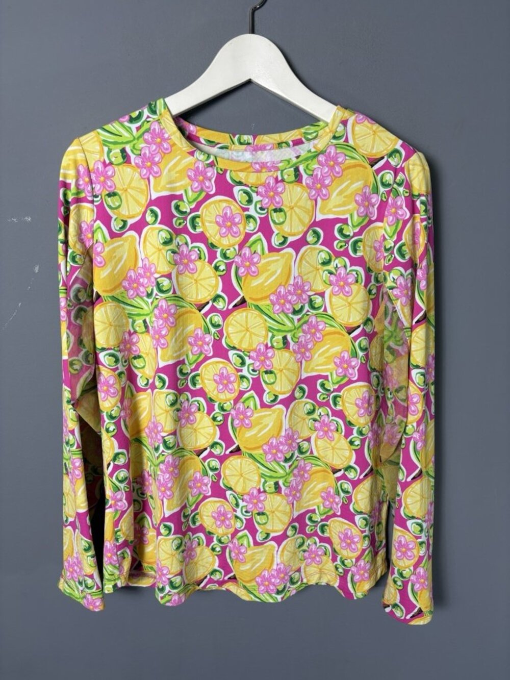 IBKUL Womens L Lemon Print Long Sleeve Athletic Shirt Top UPF 50 Pink/Yellow